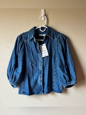 Zara Blue Denim Puff-Sleeve Top - NWT / 100% cotton